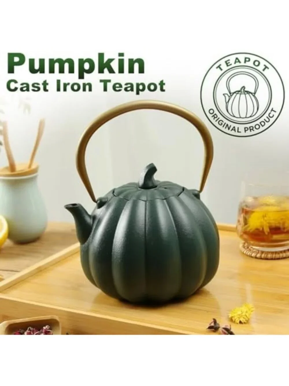 40oz Dark Green Pumpkin Cast Iron Teapot - Small Japanese Kettle for Tea Lovers